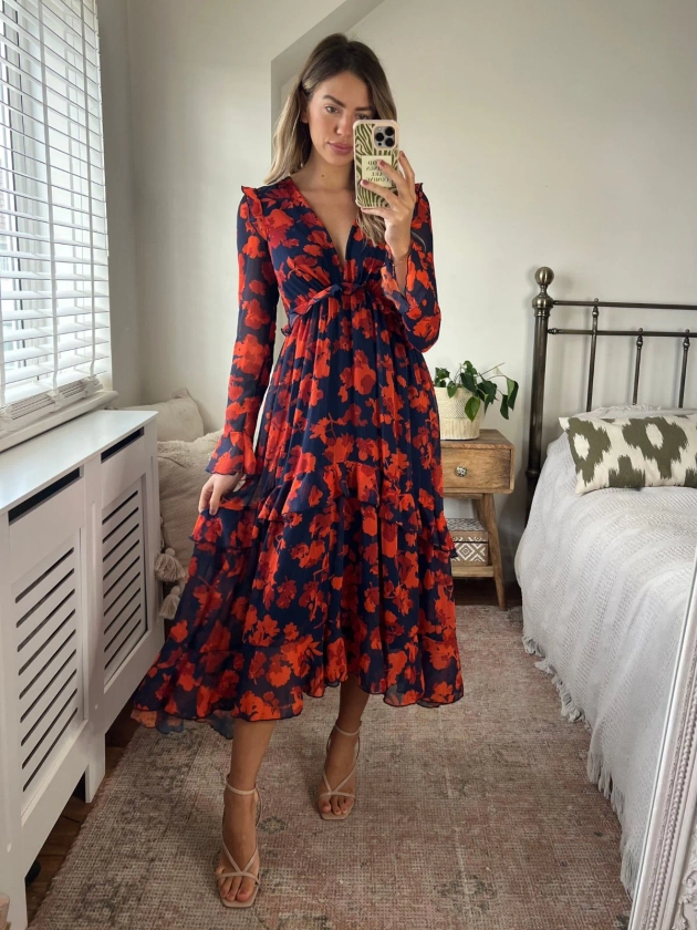 Navy and Orange Floral Dress | Birdie Frill Tie Back Dress