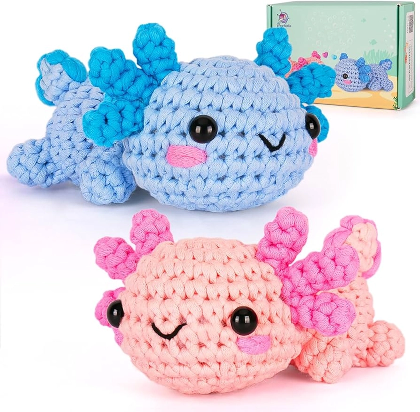 Crochetta Crochet Kit for Beginner, Crochet Starter Kit w Step-by-Step Video Tutorials, Crochet Kit for Beginners, Beginner Crochet Kit for Adults Kids Women Men Complete Kit Included (2 Axolotls)