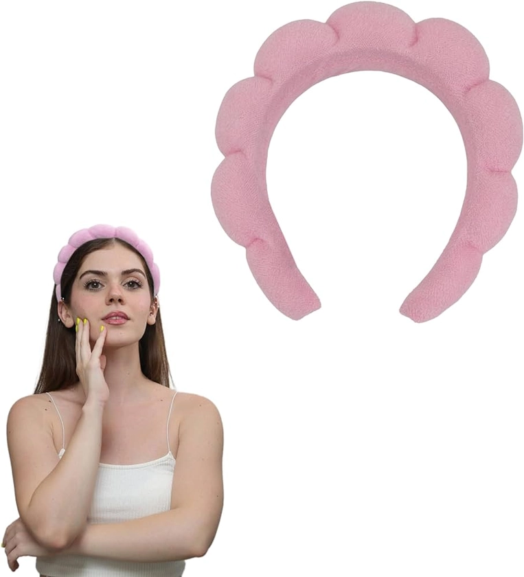 Spa Headband for Washing Face, Cute Pink Makeup Headband, Puffy Spa Headband, Terry Towel Cloth, Versed Headband, Bubble Skincare Headband, Sponge Spa Facial Headband (Pink)