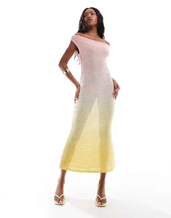 ASOS DESIGN ultimate embellished crochet maxi dress in pink and lemon ombre