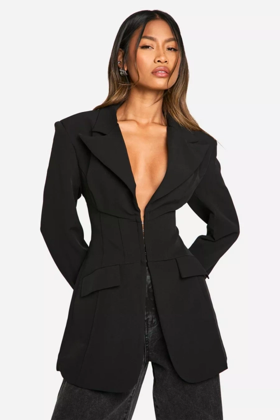 Seam Detail Cinched Waist Fitted Blazer