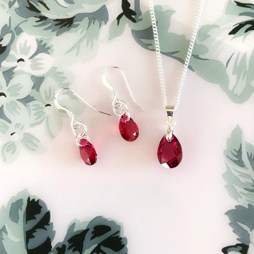 Swarovski Crystal Teardrop Jewellery Set, Dainty Ruby Red Necklace and Earrings Sterling Silver, Ruby Bridal Jewelry Set, Bridesmaid Jewelry - Etsy UK
