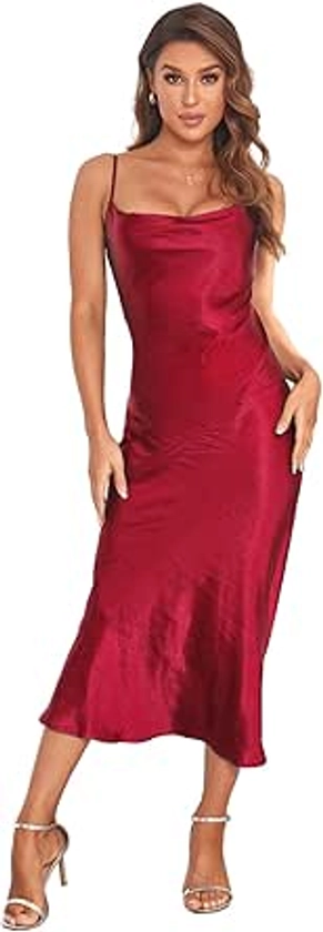 Amazon.com: Women's Spaghetti Strap Midi Satin Silk Dresses Slip Cowl Neck Party Cocktail Evening Dress Wine Red : Clothing, Shoes & Jewelry