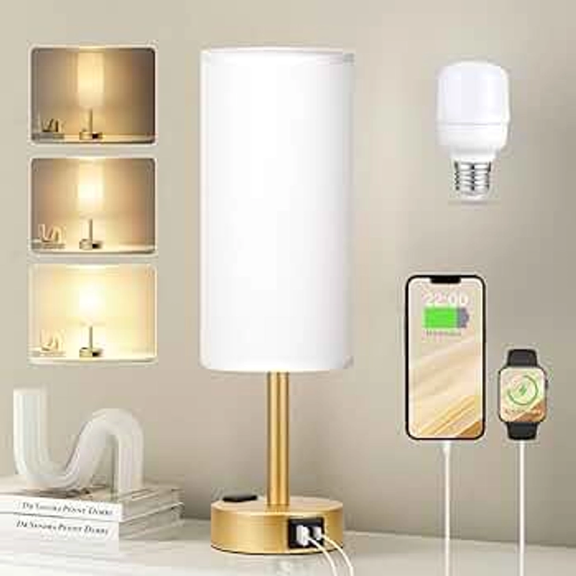 Gold Touch Lamp for Bedroom- 3 Way Dimmable Bedside Lamp USB C A Charging Ports and AC Outlet, Small Table Lamp White Linen Lampshade for Gift, LED Bulb Included