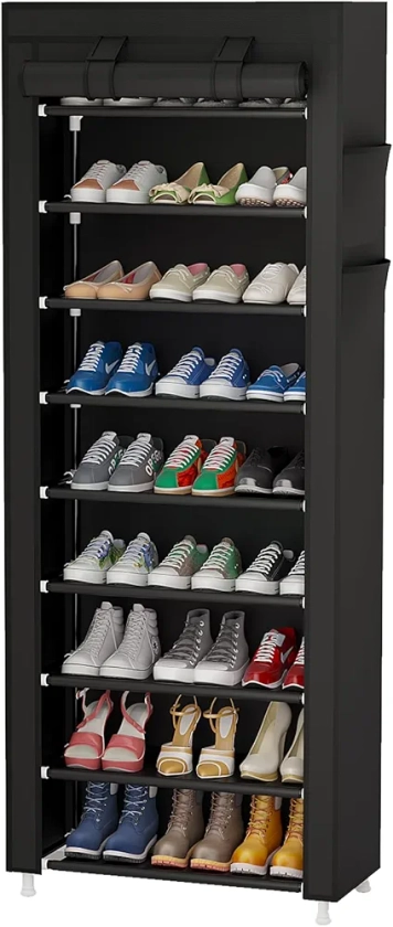 Calmootey 9 Tier Shoe Rack Organizer,Portable Shoe Shelf with Nonwoven Fabric Cover for Closet Hallway,Bedroom,Entryway,Black