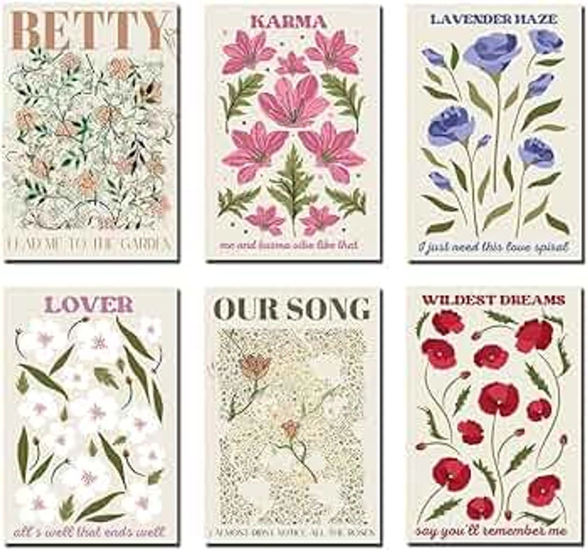 Stunning Flower Poster Canvas Set - 6 Piece Frameless Artwork for Home Decor - Vibrant Taylor Floral Prints (Unframed: 08×12) Taylor Swift Poster