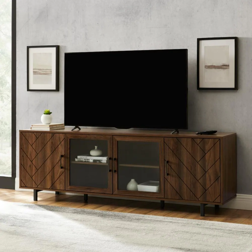 Welwick Designs 70 in. Dark Walnut Wood and Glass Modern Herringbone TV Stand with 4-Drawers (Max tv size 80 in.) HD8891