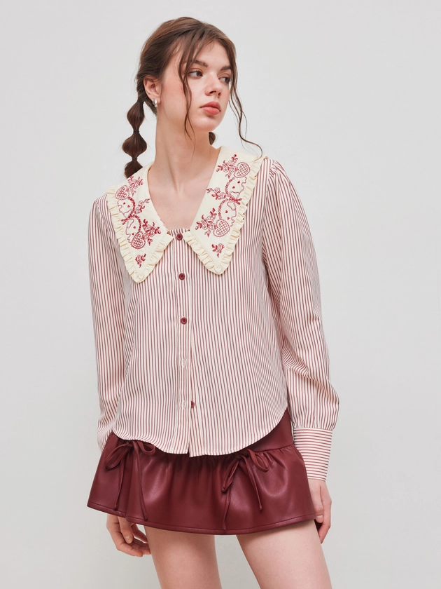 Doll Collar Striped Embroidery Oversized Shirt