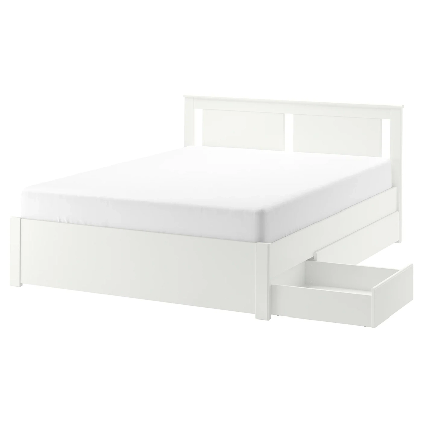 SONGESAND Bed frame with 4 storage boxes - white/Luröy Full/Double