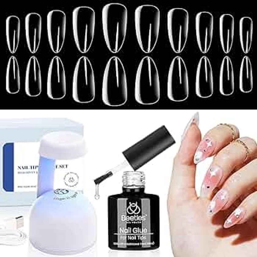 Beetles Gel Nail Kit Easy Nail Extension Set 500Pcs Pre shaped Medium Almond Nail Tips with 5 in 1 Mutipurpose Glue Gel Base Uv Led Nail Lamp for Nail Art Diy Home Gifts for Girls