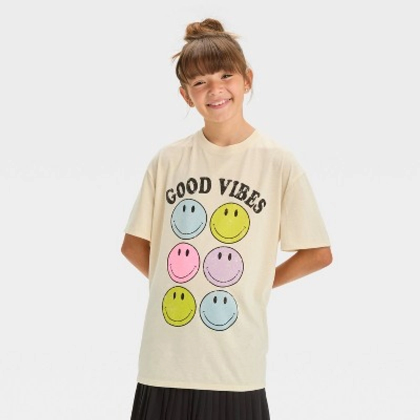 Girls' Smiley Oversized Graphic T-Shirt - art class™ Cream