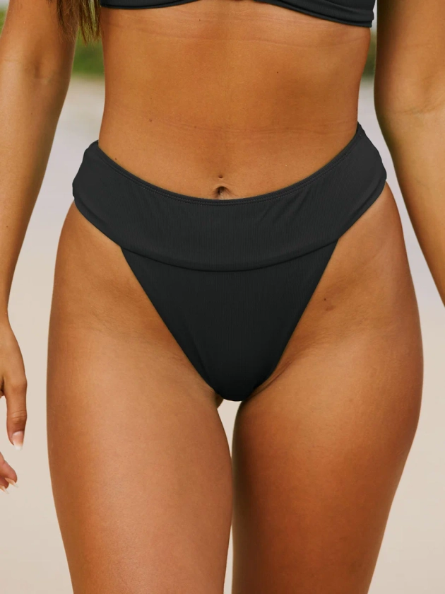 Black Ribbed High Cut Wide Waistband Bikini Bottom & Reviews - Black - Sustainable Bikinis | BERLOOK