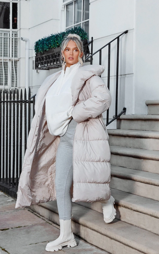 Taupe Chevron Quilted Maxi Puffer Coat