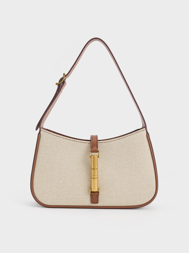 Chocolate Cesia Canvas Metallic Accent Shoulder Bag | CHARLES & KEITH