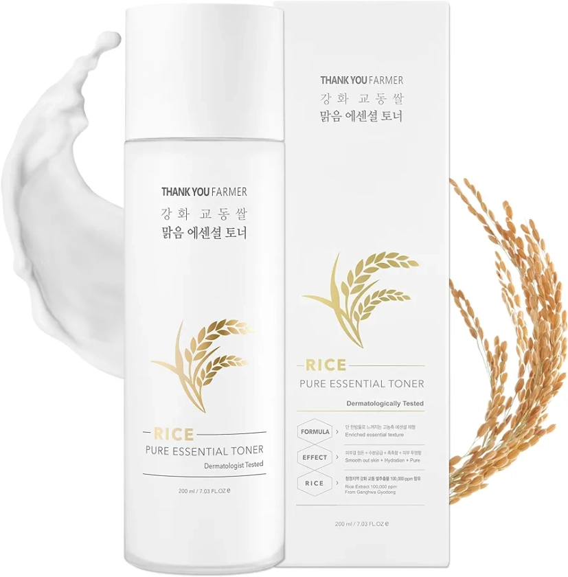 THANKYOU FARMER Rice Pure Essential Toner (200ml), Exklusive Koreanische Reisextrakte, Korean Skincare, Trockene und Empfindliche Haut, Parfümfrei, Koreanischer Gesichtstoner, Hautpflege
