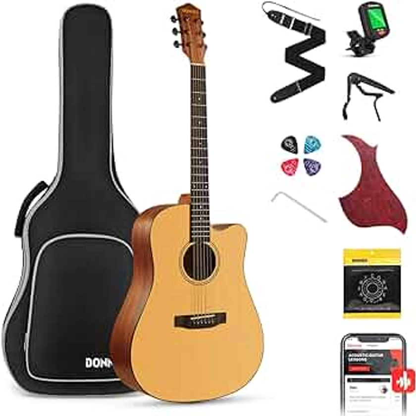 Donner 41” Acoustic Guitar Bundle for Beginners Adults with Online Lesson, 4/4 Full Size Steel Acustica Guitarra with Gig Bag, Tuner, Strap, Strings, Picks, Capos, Cutaway, Natural, DAG-1C/DAD-110C