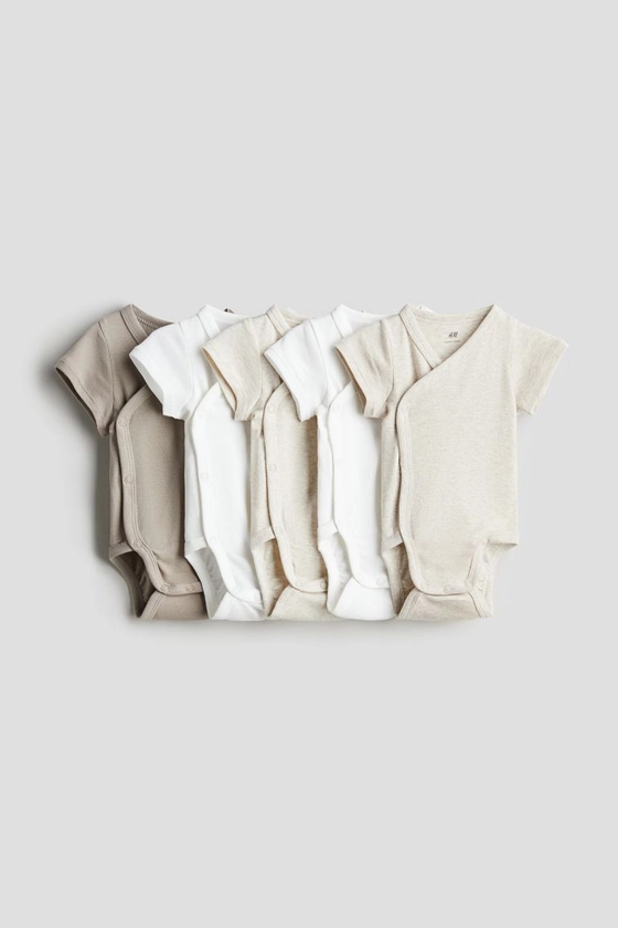 5-pack cotton bodysuits - V-neck - Short sleeve - Beige/White - Kids | H&M GB