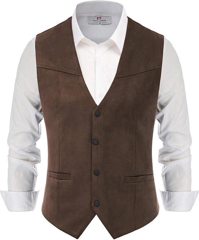 PJ PAUL JONES Men's Suede Leather Suit Vest Slim Fit V-Neck Western Casual Vests Business Dress Vests Waistcoat Tops at Amazon Men’s Clothing store