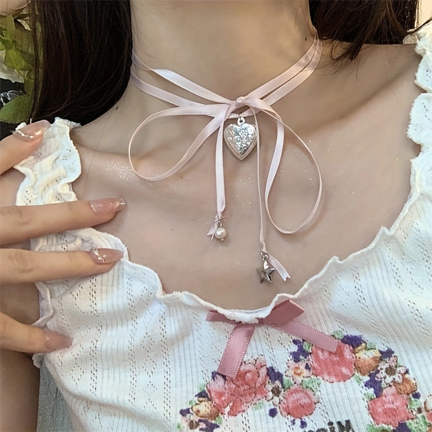 Collar de cinta dulce y lindo estilo Y2K coreano, 1 pieza, collar de lazo de cinta rosa de fiesta minimalista de moda, collar con colgante de corazón
