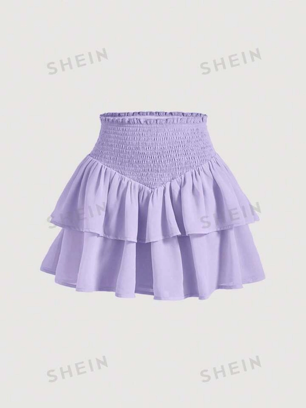 SHEIN MOD Purple Summer Paperbag Waist Ruffle Hem Smocked Skirt