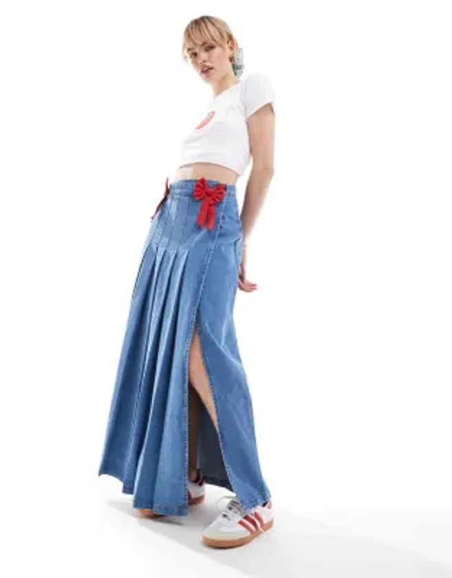 Neon Rose bow detail denim midaxi skirt in mid blue