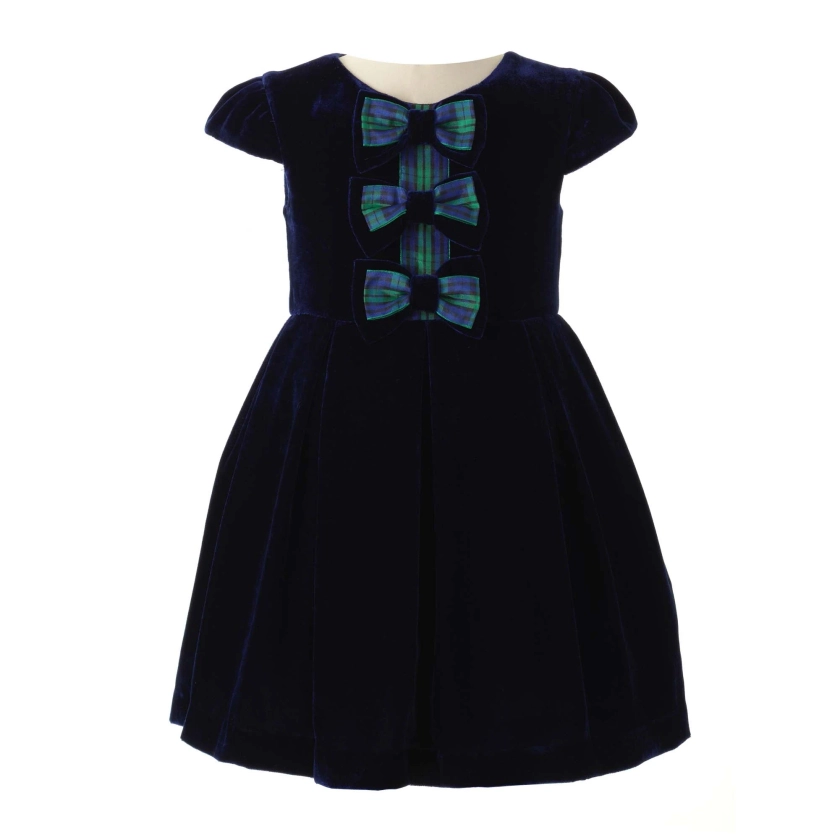 Navy Tartan Bow Velvet Dress