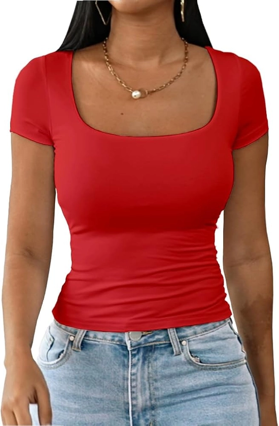 Dwnval Womens Summer Sexy Short Sleeve Square Neck Double Lined Basic Slim Fit Crop T Shirt