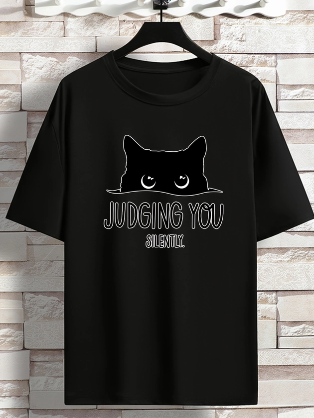 Men&#39;s &#39;JUDGING YOU SILENTLY&#39; Cat Print Loose T-shirt, Oversized Short Sleeve Crew Neck Tops, Plus Size Casual Clothing For Spring Summer, Plus Size Wo