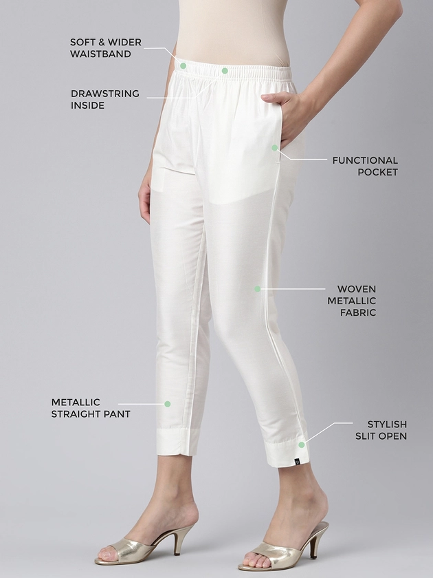 TWIN BIRDS Women Mid-Rise Shimmer Solid Functional Pockets Straight Trousers