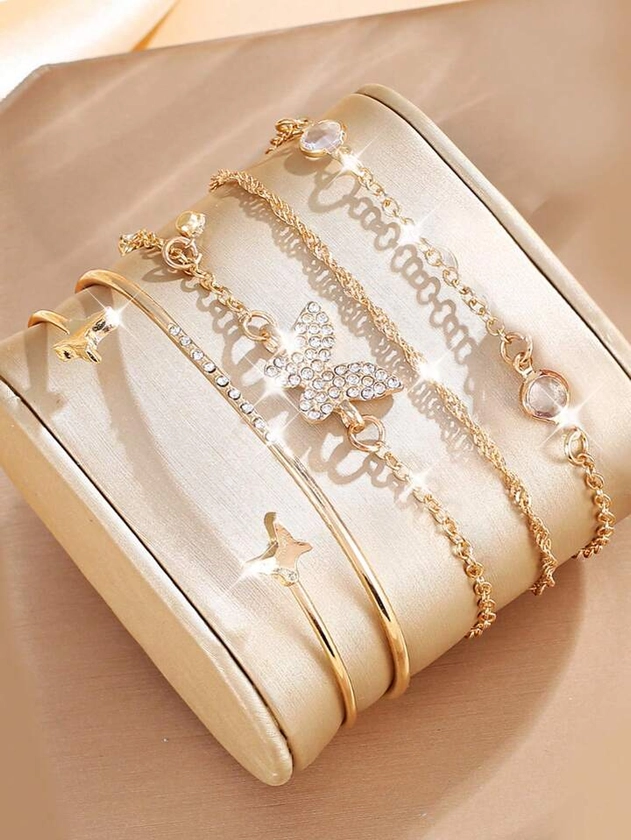 5pcs Women\ Luxurious Gold-Plated Alloy Butterfly Bracelet Set With Rhinestones, A Gift For Women, Graduation Season Gift