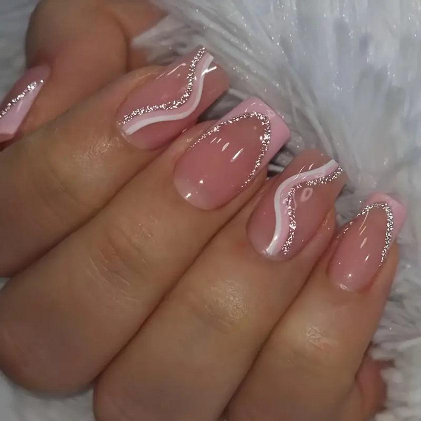 24pcs Glossy Medium Square * Nails - Pinkish French Tip Press On Nails With White And Silvery Glitter Swirl Design - Sweet Cool False Nails For Wom