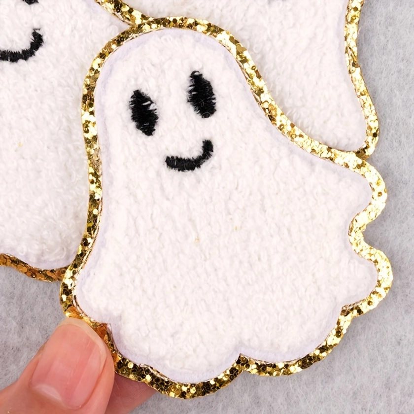 3pcs Fashion Bronzing Edge Chenille Cute Ghost Clothing Cloth Stickers, Iron-on Patches For Clothing Decoration