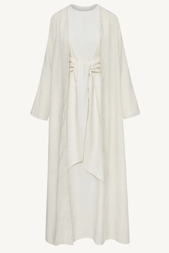 Linen Open Abaya & Dress Set - Off White