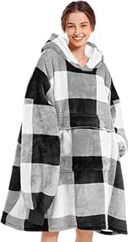 Narecte Oversized Blanket Hoodie Blanket for Women,Wearable Blanket Adult Giant Hoodie Cozy Sweatshirt Kawaii Stuff,Birthday Gifts for Women, for Sister,Teen Girl Gifts Grey Plaid