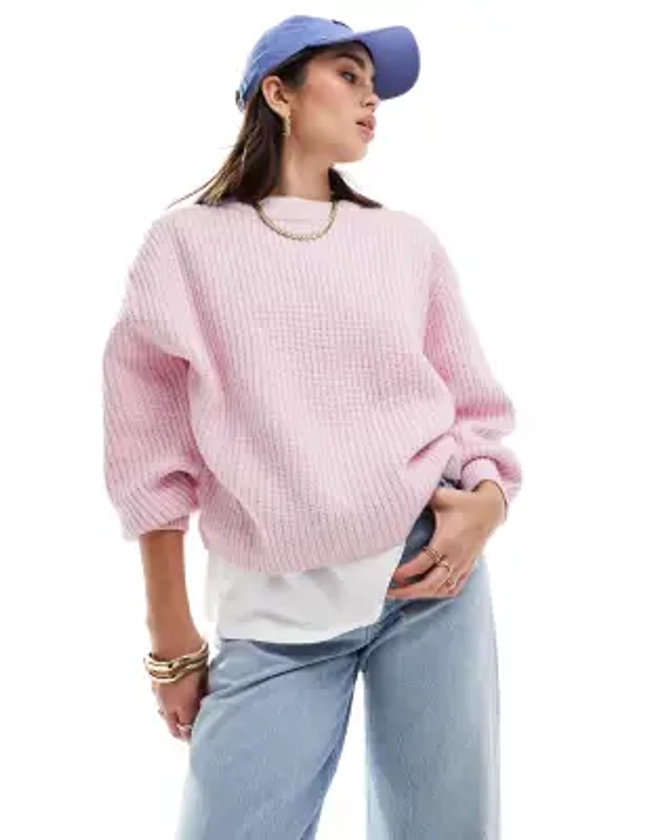 ASOS DESIGN chunky crew neck rib jumper in pink