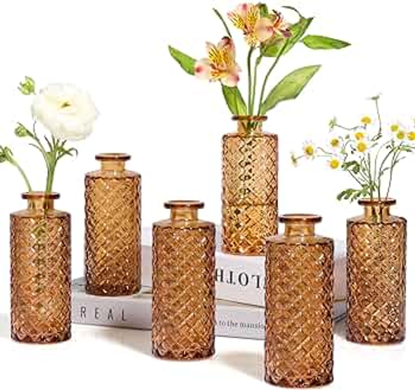 ComSaf Glass Bud Vases Set of 6, Small Diamond Bud Vases in Bulk, Mini Flowers Vases for Centerpieces, Vintage Bottle for Table Decorations, Wedding Decor, Recepetion, Home, (Amber)