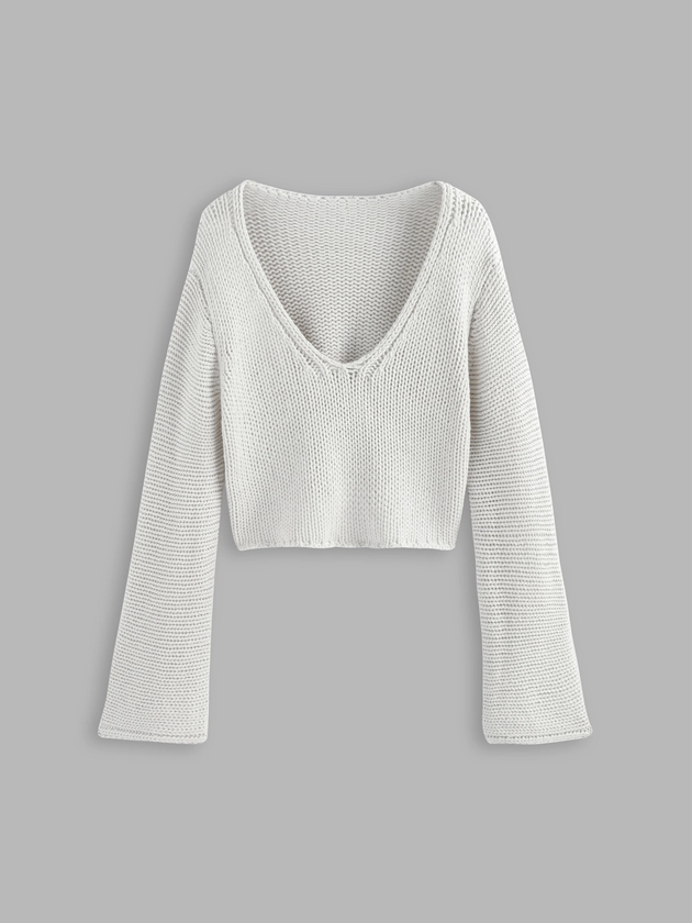 Solid Knitted Long Sleeve Crop Top