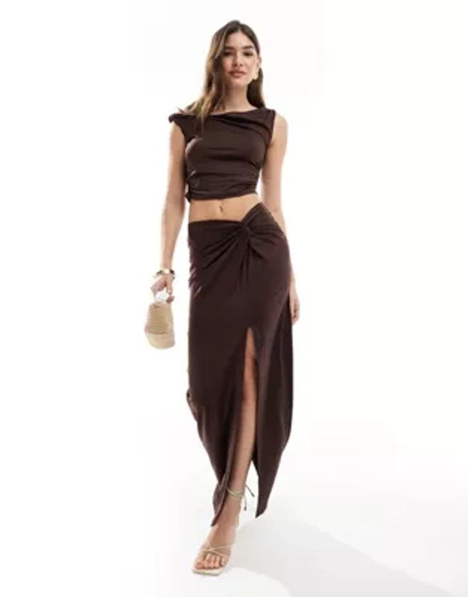 4th & Reckless twist detail thigh split maxi skirt co-ord in brown | ASOS