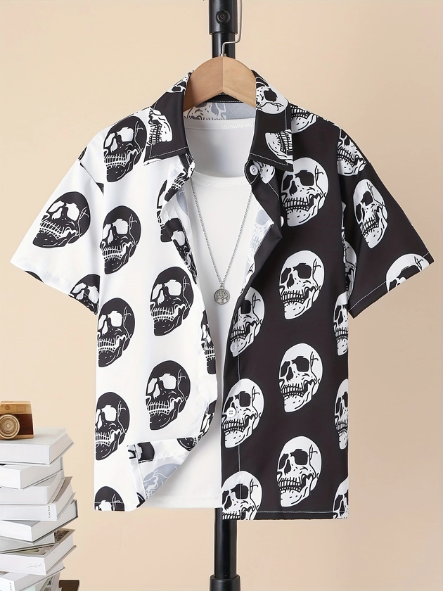 Boys Casual Short Sleeve Skull Element Shirts, Comfy Stretch Tops For Summer Kids Clothes