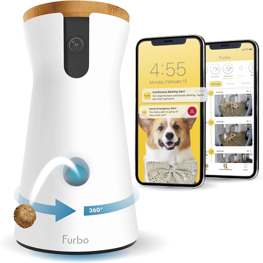 Furbo 360° Dog Camera w/Home Safety Package [PREMIUM W/SUBSCRPITION] Smart Pet Monitor w/App for Dog & Home, Rotating 360° View, Colour Night Vision, Auto-Tracking, Treat-toss, Barking, Smart Alert