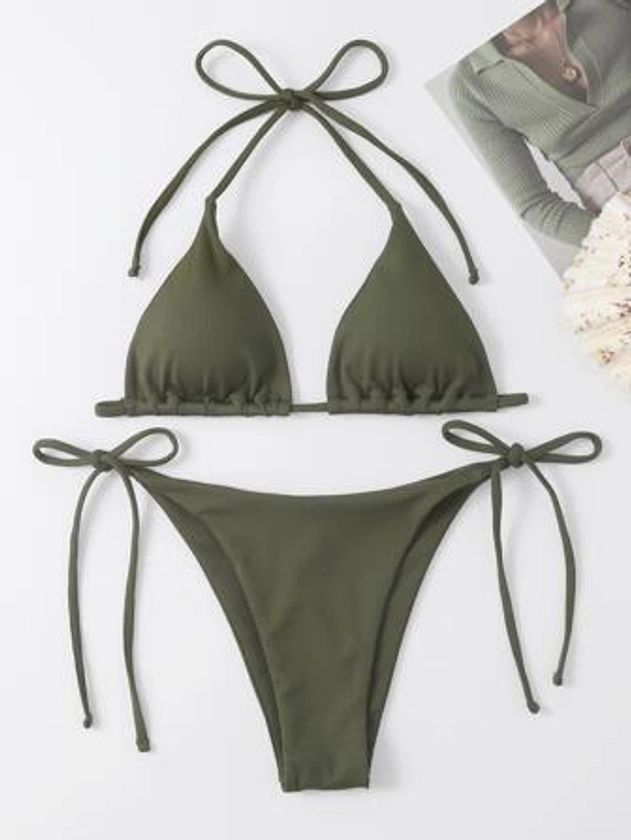 Mono Bikini Set Halter Triangle Bra & Tie Side Bottom 2 Piece Swimsuit