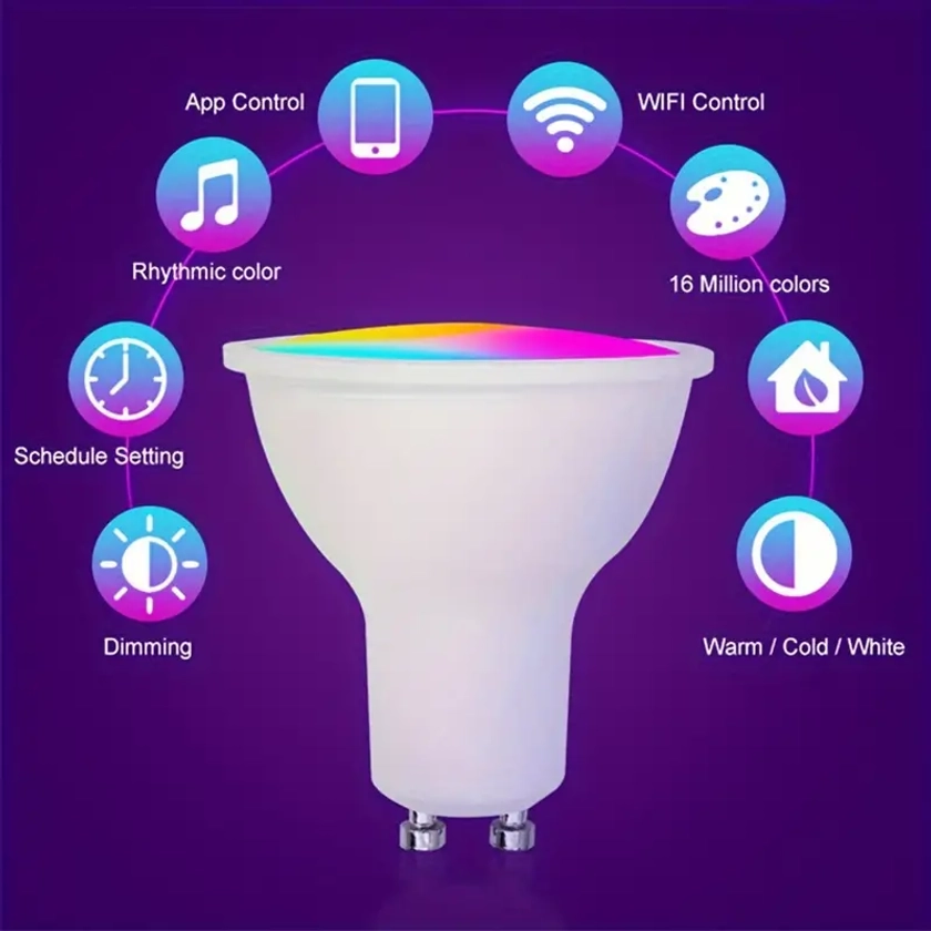 1PCS GU10 WiFi Smart Bulb, Dimmable 16 Million Colours Changing Light Bulbs BT Control, 5W Smart GU10 * APP Bulbs * Timers, Voice Control Compatible With Alexa, Assistant, *, *, * *, *, IFTTT, Suitable For Home, Indoor, Bedroom, Kitchen, Living Room, Table Lamp, Cafe, Bar, Party