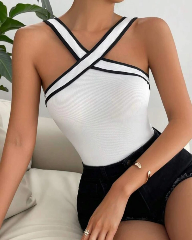 The White Contrast Knit Tank Top & Reviews - Black - Tops | RIHOAS