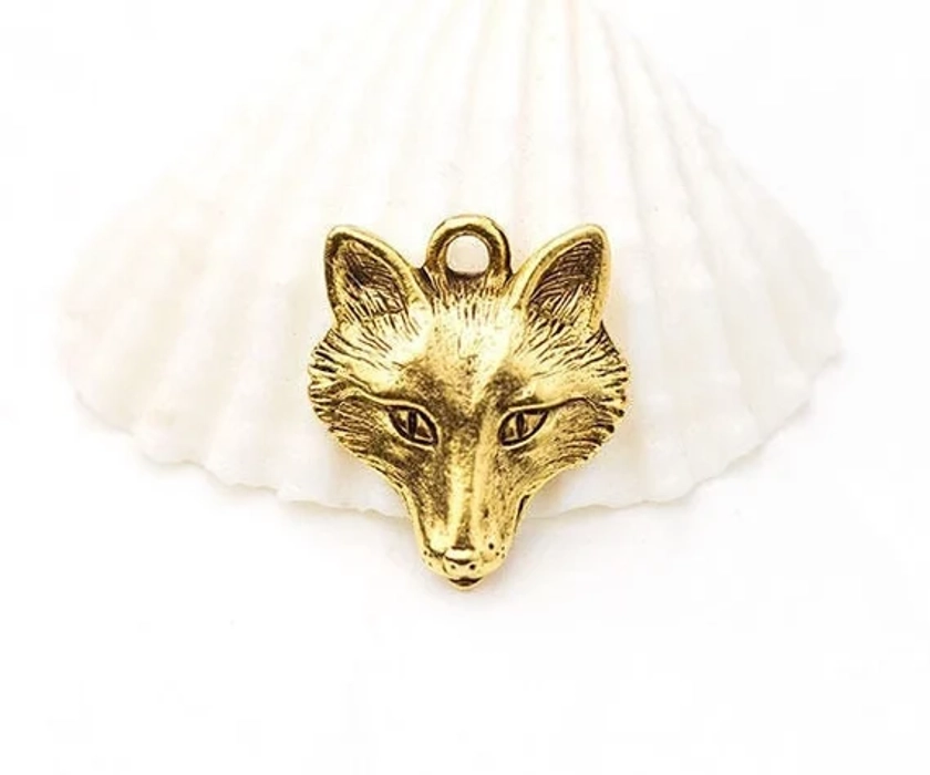 Gold Fox Charm, Gold Fox Head Charm, Finely Detailed, Antique Gold, Made in USA, 17mm
