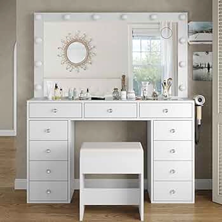 Vanity Desk & Power Outl, Makeup Vanity with Mirror and 12 LED Lights, Makeup Table with 11 Drawers, Vanity Table with Chair，Vanity Set 3 Lighting Modes Brightness Adjustable-(White)