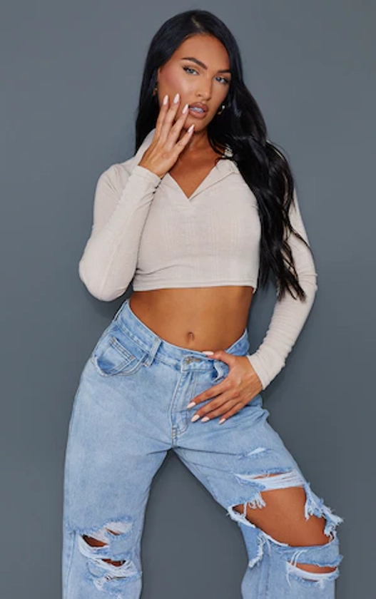 Stone Soft Rib Collar Long Sleeve Crop Top