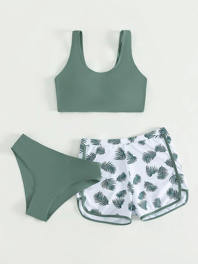 SHEIN Teen Girls Tropical Print Bikini Swimsuit With Beach Shorts