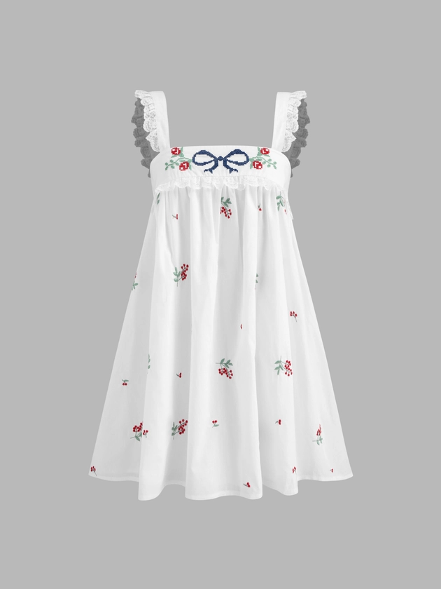 Woven 100% Cotton Square Neck Floral Bowknot Lace Trim Knotted Mini Dress For Vacation Holiday