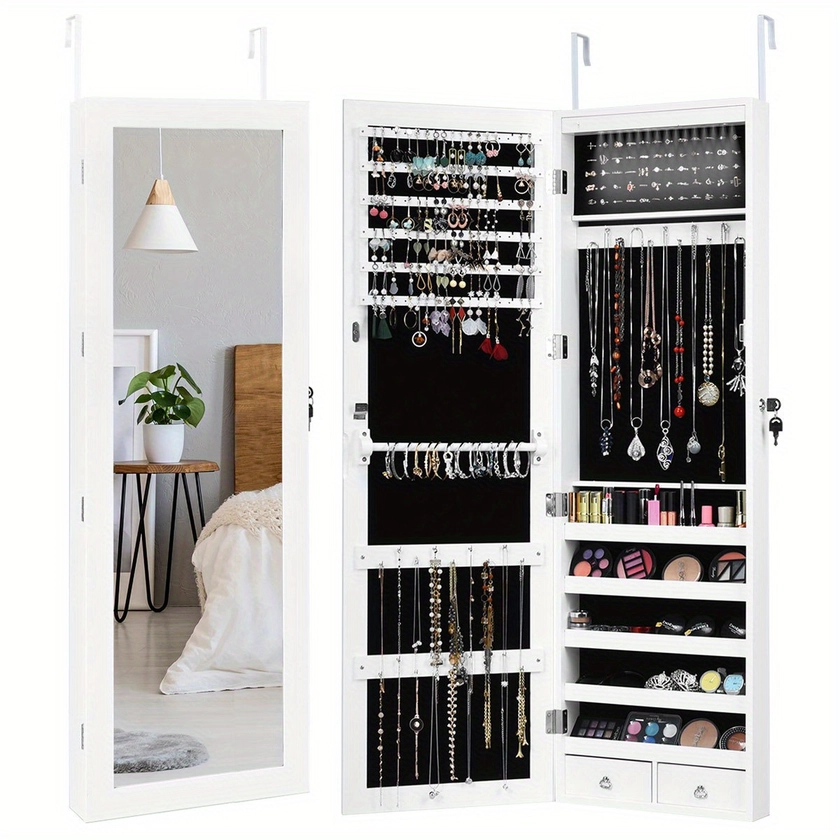 Costway Mirror Jewelry Cabinet LED Makeup Jewelry Storage Organiser Wall Mounted Storage Cabinet White