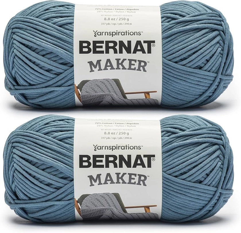 Bernat Maker Steel Blue Yarn - 2 Pack of 250g/8.8oz - 72% Cotton 28% Nylon - #5 Bulky - 290m/317Yards - for Knitting, Crochet and Amigurumi